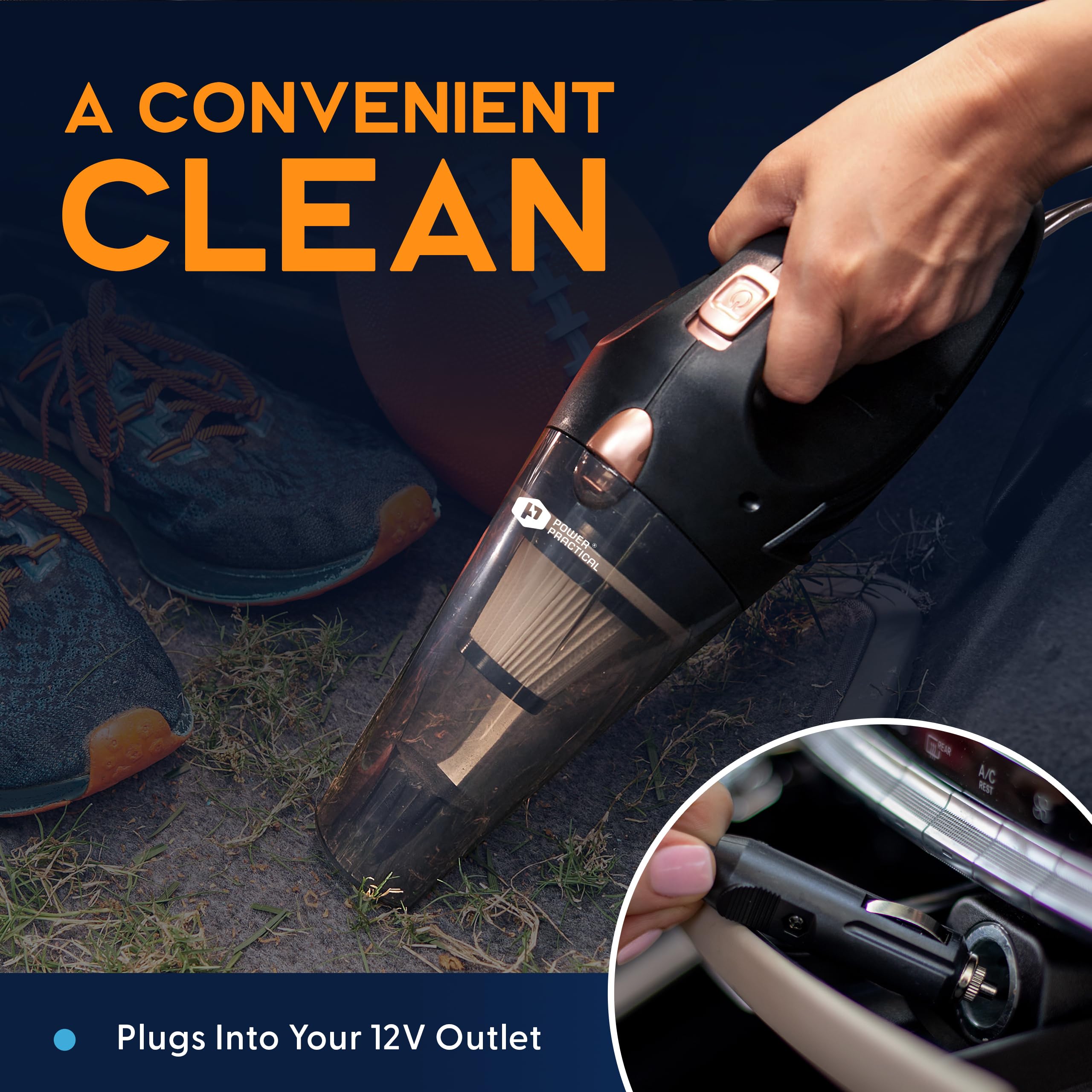 Power Practical ThisWorx vacuum in use on car seat removing crumbs and pet hair