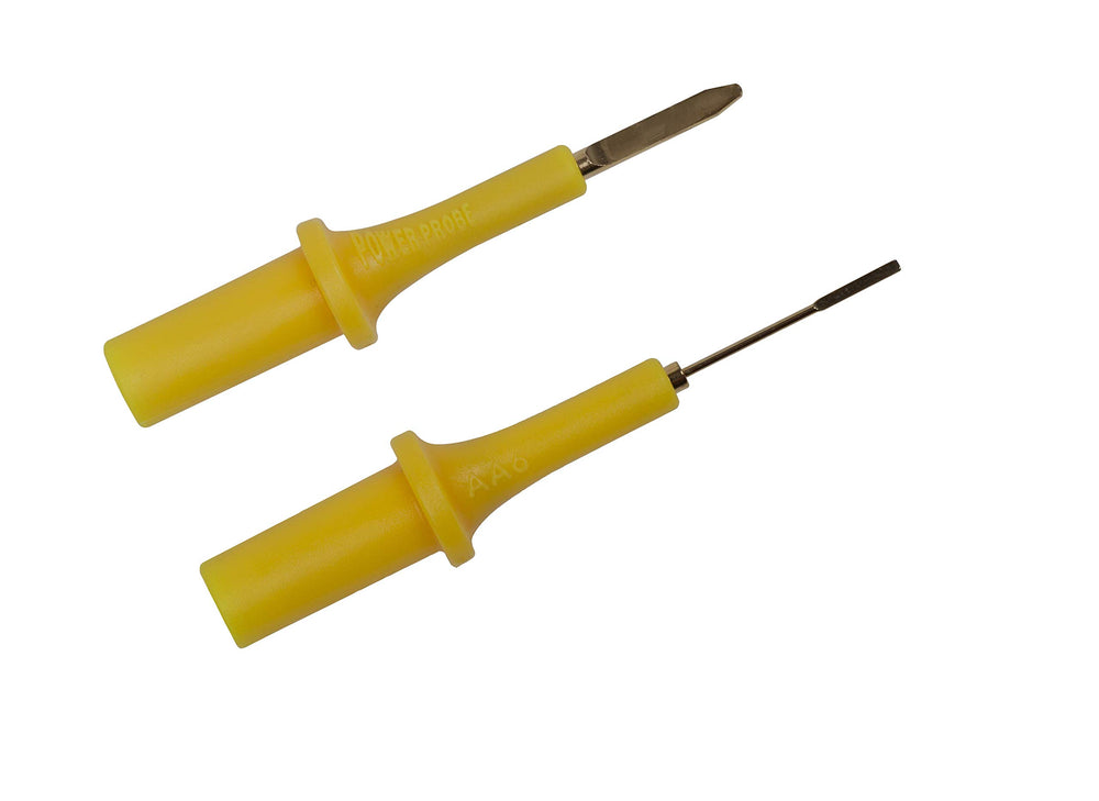 Power Probe adapters in use on a vehicle fuse box demonstrating safe access