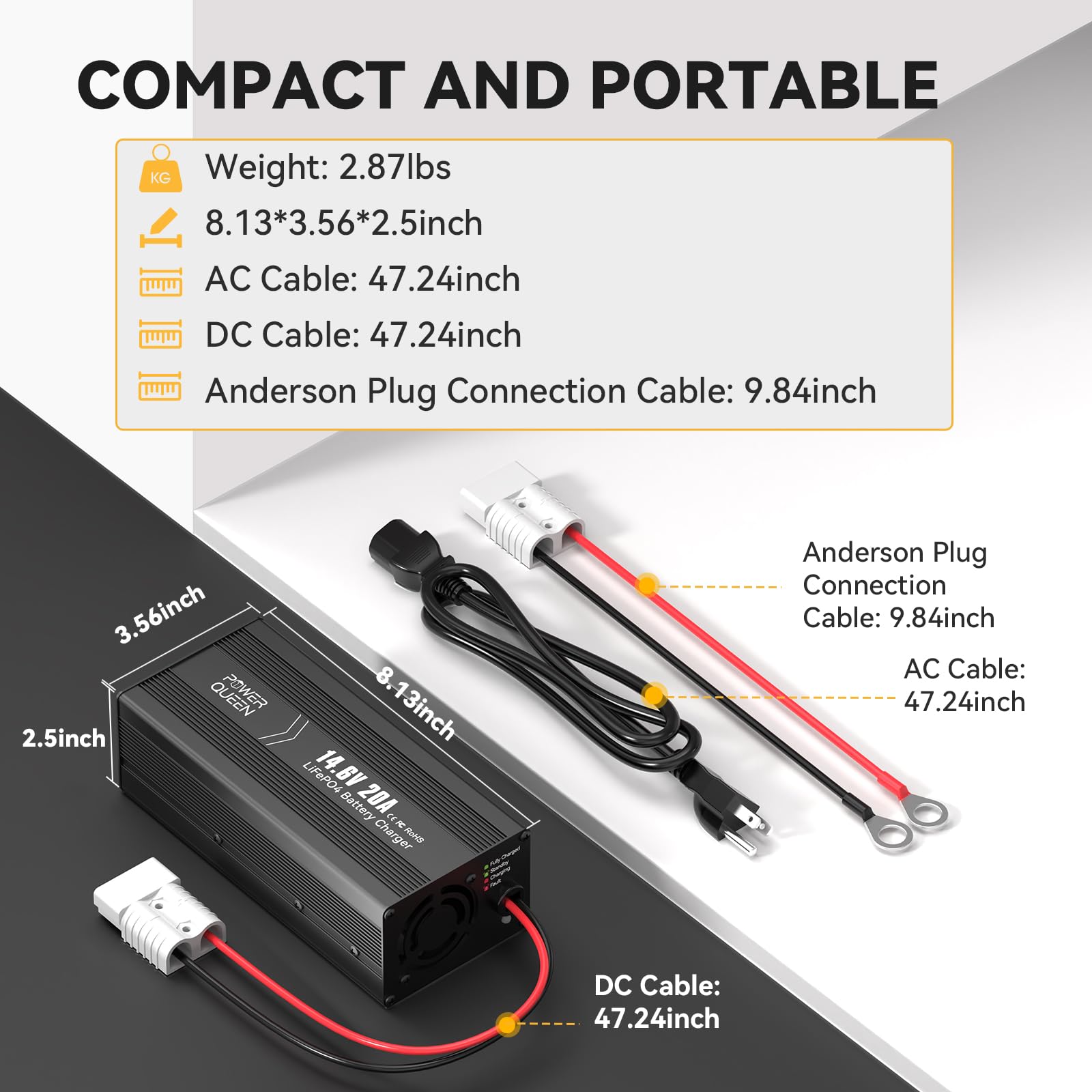 Power Queen charger connected to 12V LiFePO4 battery demonstrating fast, chemistry-specific charging
