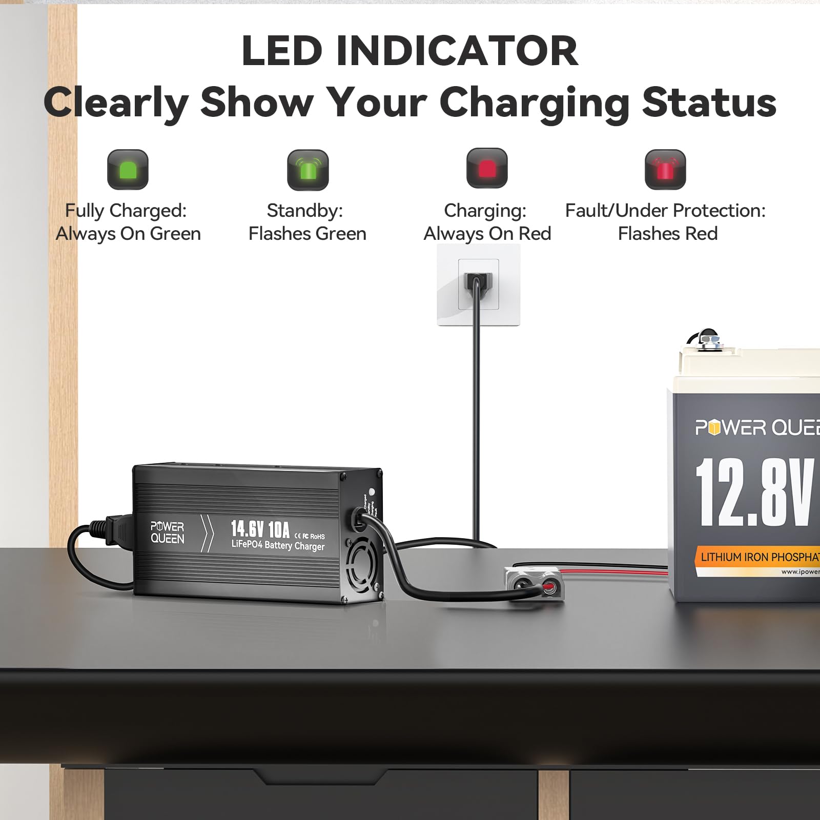 Power Queen heavy-gauge charging cables included for secure battery connection