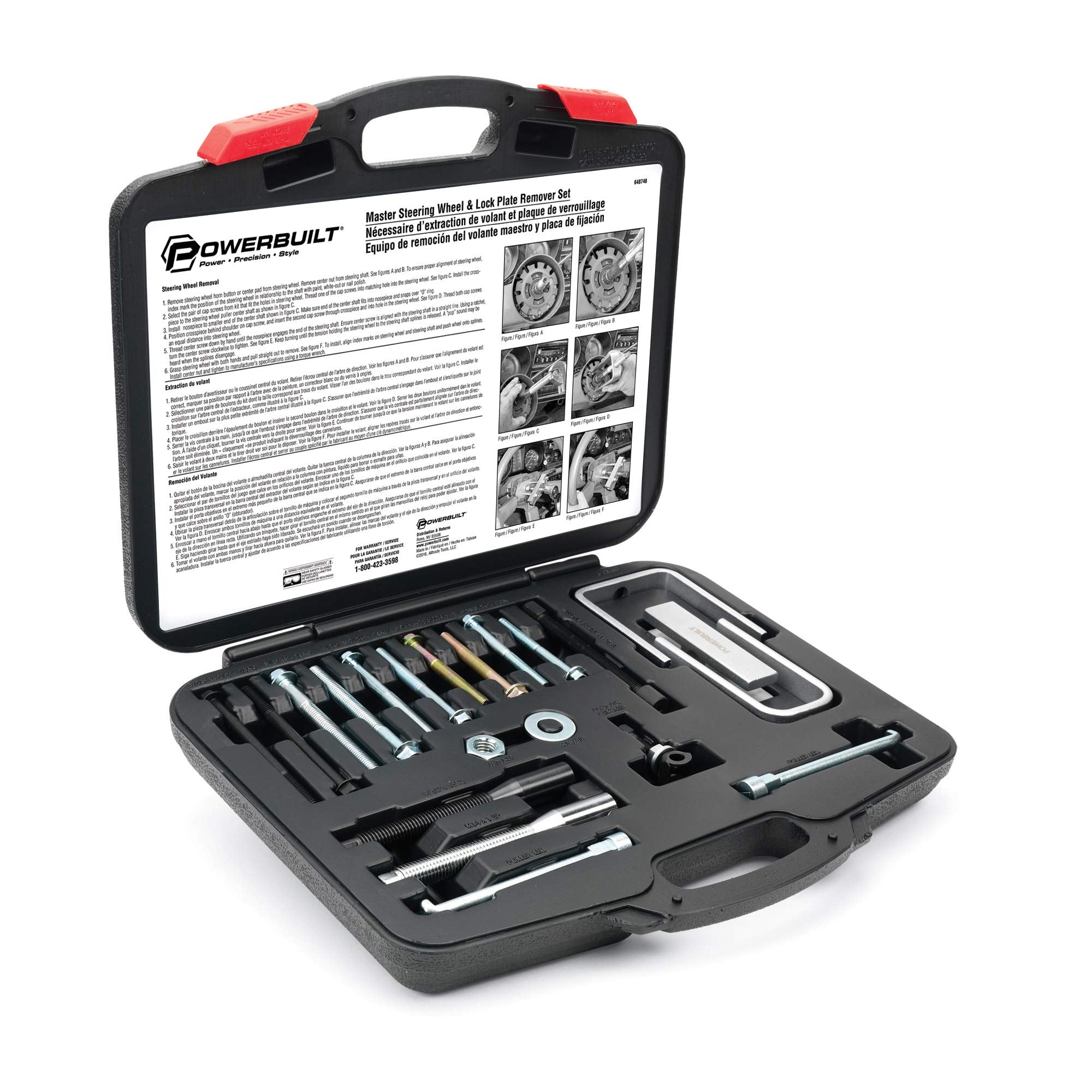 Powerbuilt front view of open case showing organized puller set and benefits of quick access