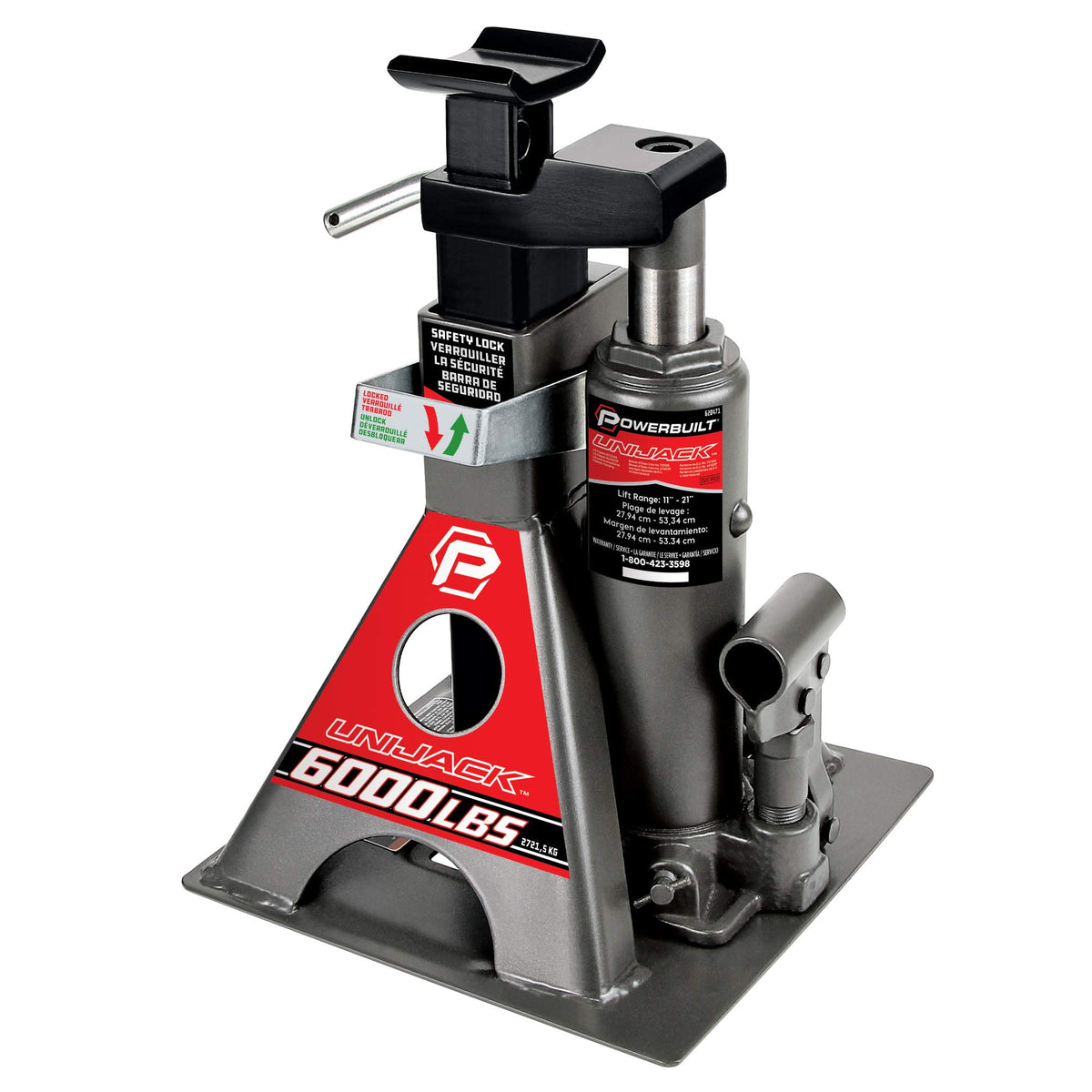 Powerbuilt front view of Unijack showing combined jack and stand benefit