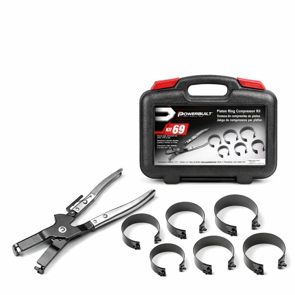 Powerbuilt front view with open case showing six bands and plier for quick setup