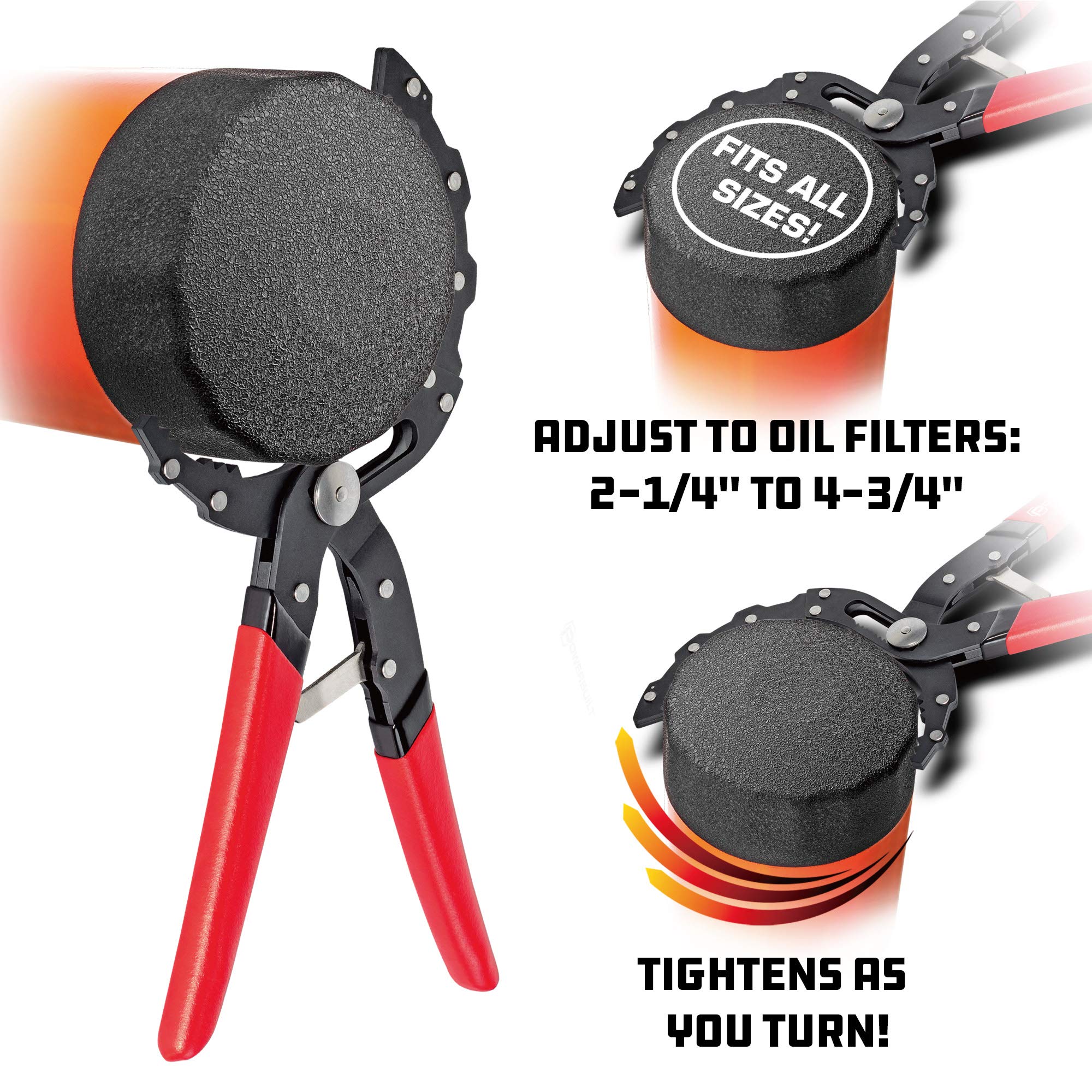 Powerbuilt hand holding pliers at pivot to show leverage and comfortable control