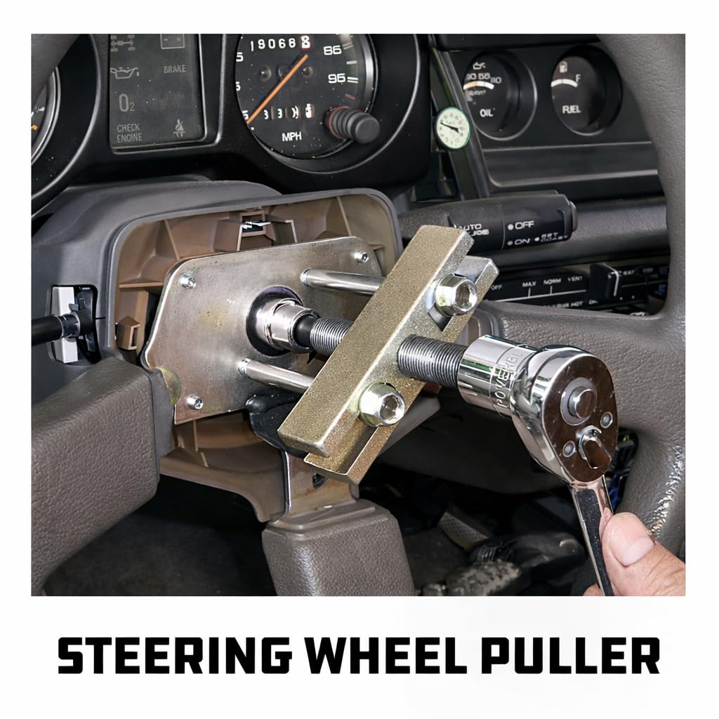 Powerbuilt tool in use removing steering wheel for efficient service