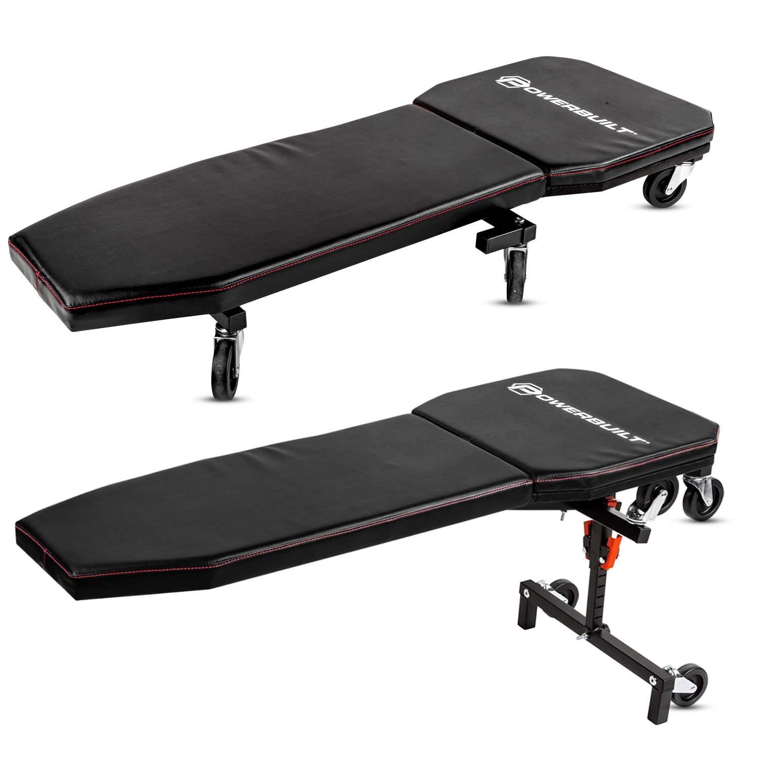 Powerbuilt lifestyle technician using creeper for ergonomic dashboard access