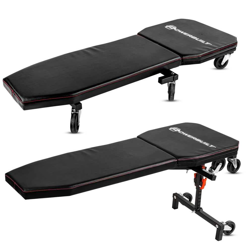 Powerbuilt lifestyle technician using creeper for ergonomic dashboard access