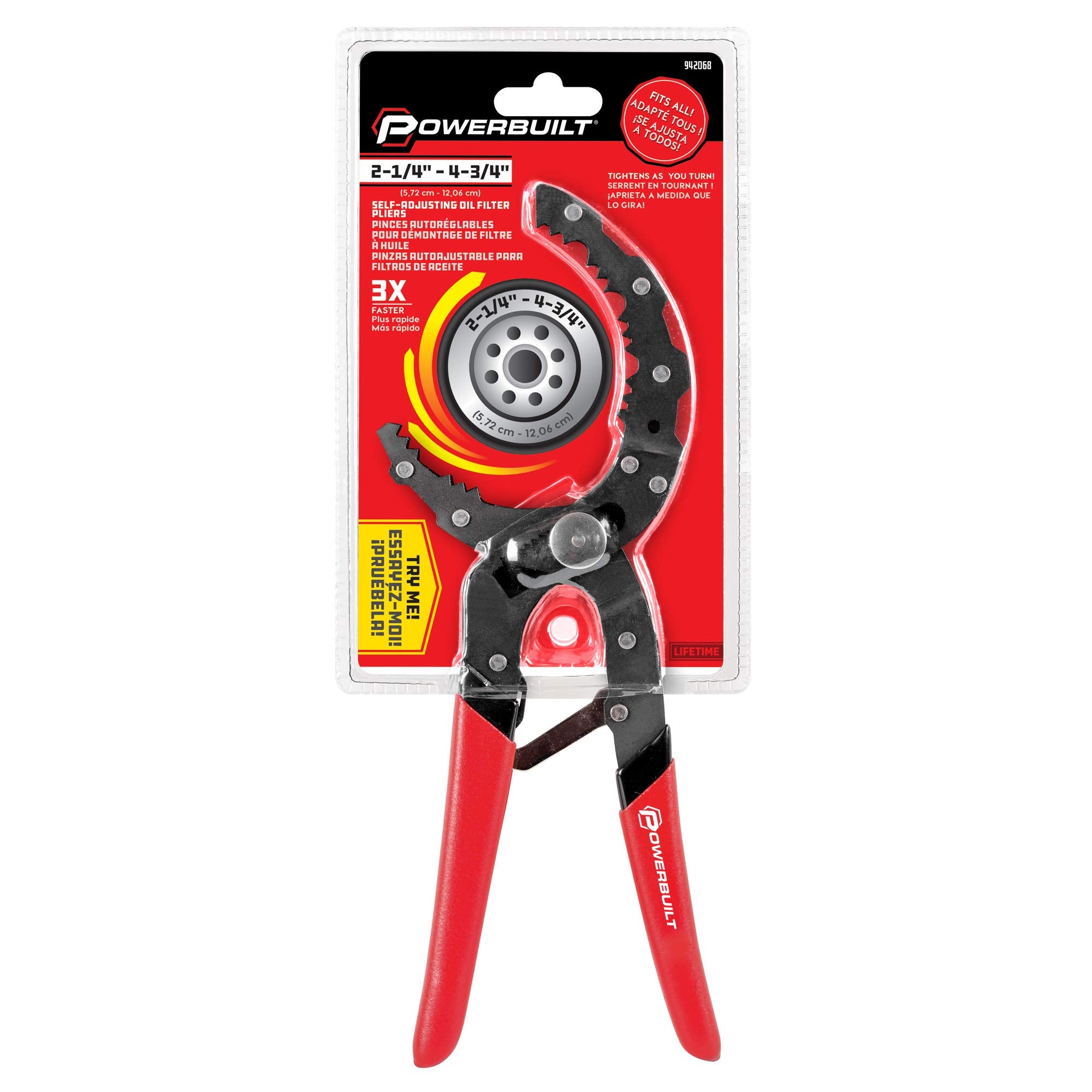Powerbuilt pliers beside ruler showing 57mm to 120mm range for quick reference