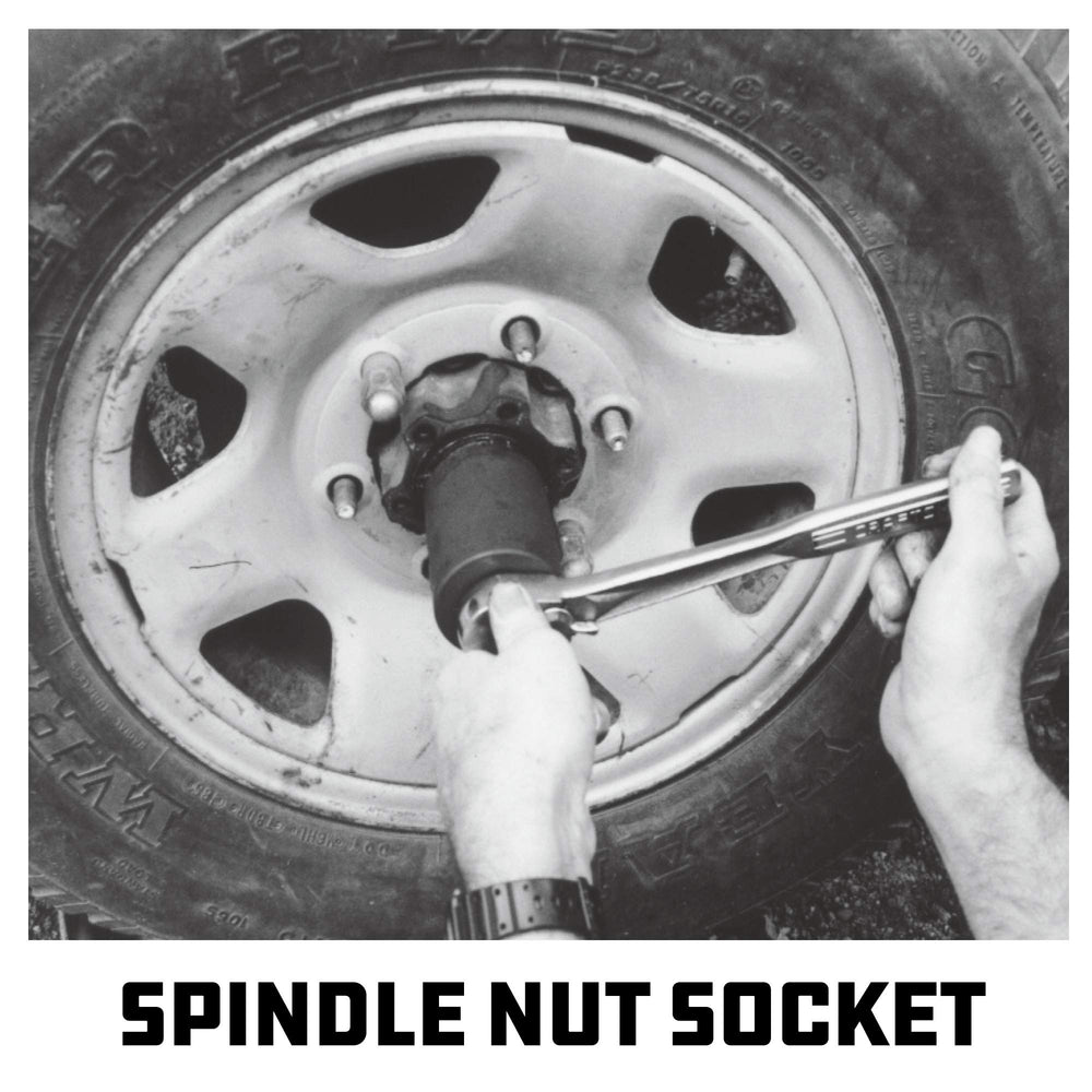 Powerbuilt socket next to 1/2 inch ratchet illustrating tool compatibility