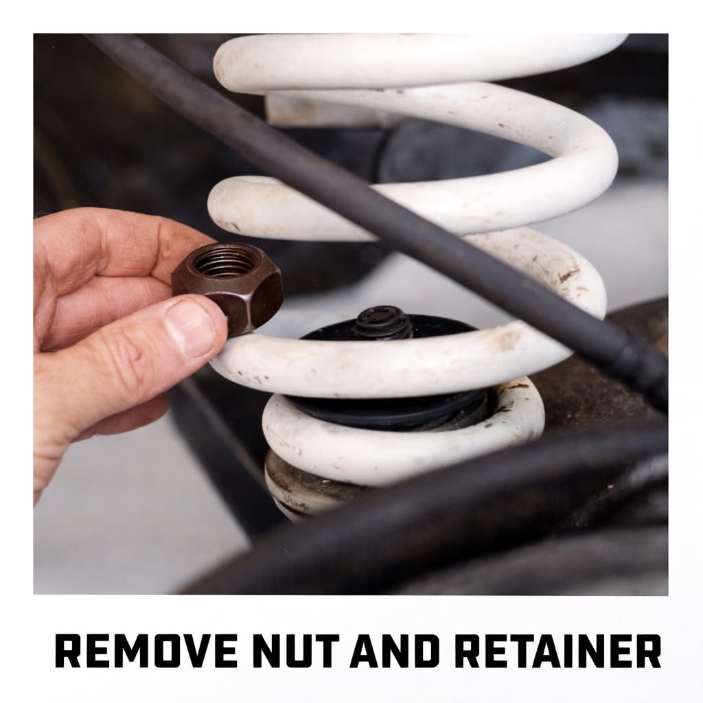 Powerbuilt tool in use on a vehicle strut, demonstrates safe compression