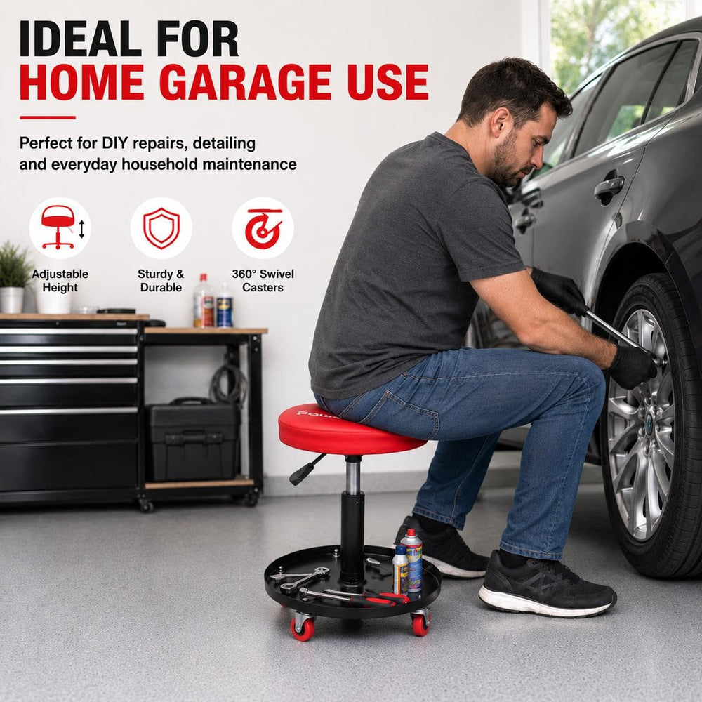 PowerSmart next to toolbox showing compact footprint and easy storage benefit