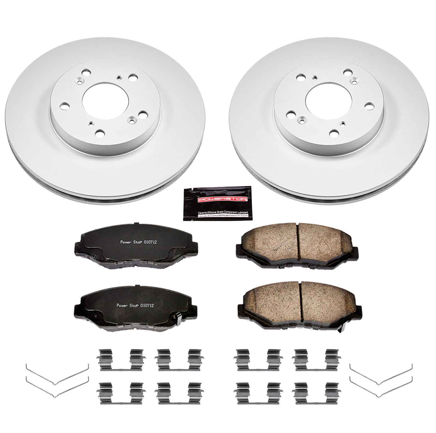 PowerStop Z17 pad close-up showing ceramic friction surface and slots for quiet low-dust braking.