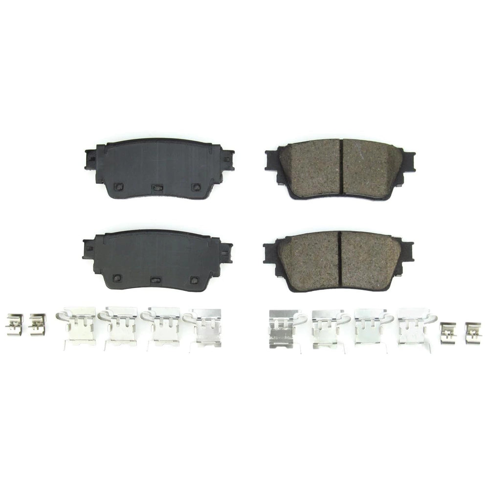 PowerStop Z17 pad close-up showing chamfered and slotted surface for quiet braking