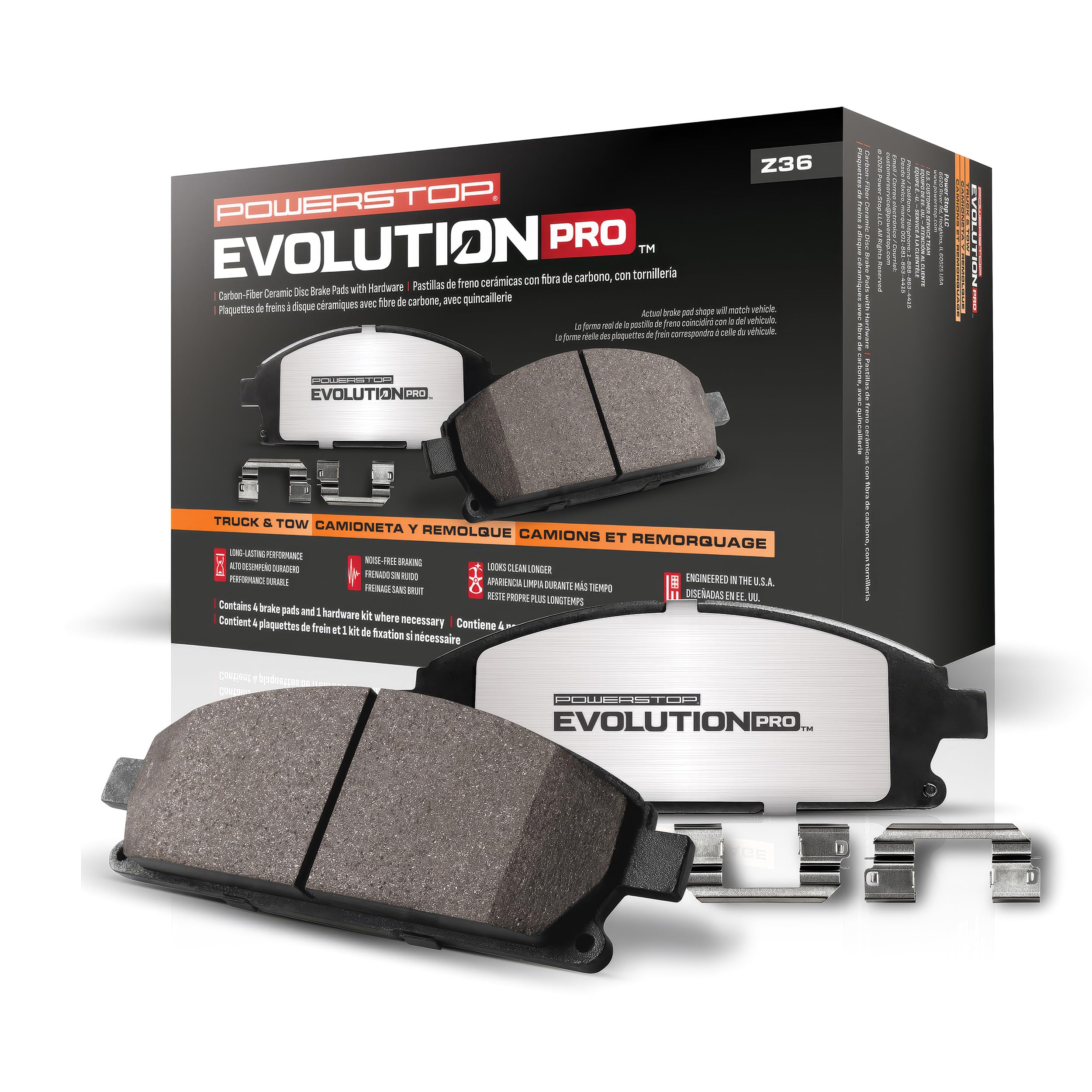 PowerStop Z36 front pad packaging showing kit and benefits