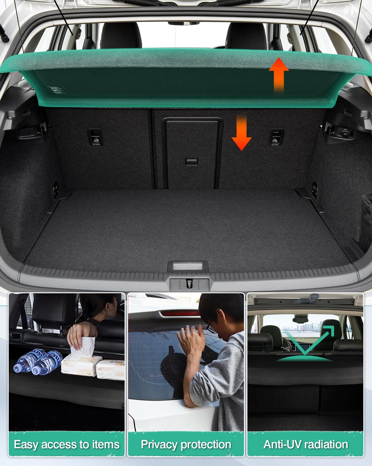 Powerty detail of cargo cover snaps fitting into Taos reserved slots securely