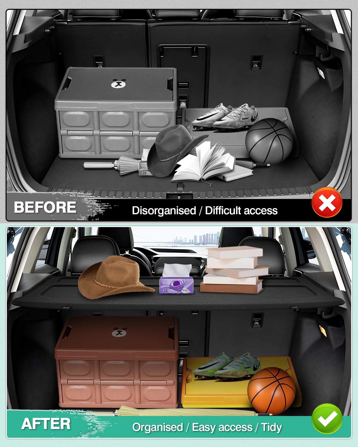 Powerty cargo cover with groceries showing concealed storage and privacy
