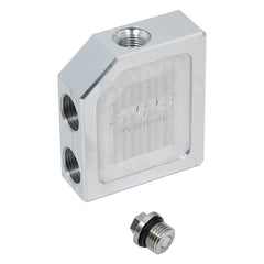 Pacific Performance Engineering front view of billet bypass valve showing ports and finish, improves coolant flow