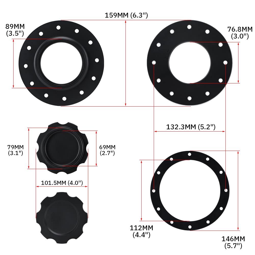 PQY cap with gasket and bolts beside ruler showing size and fitment