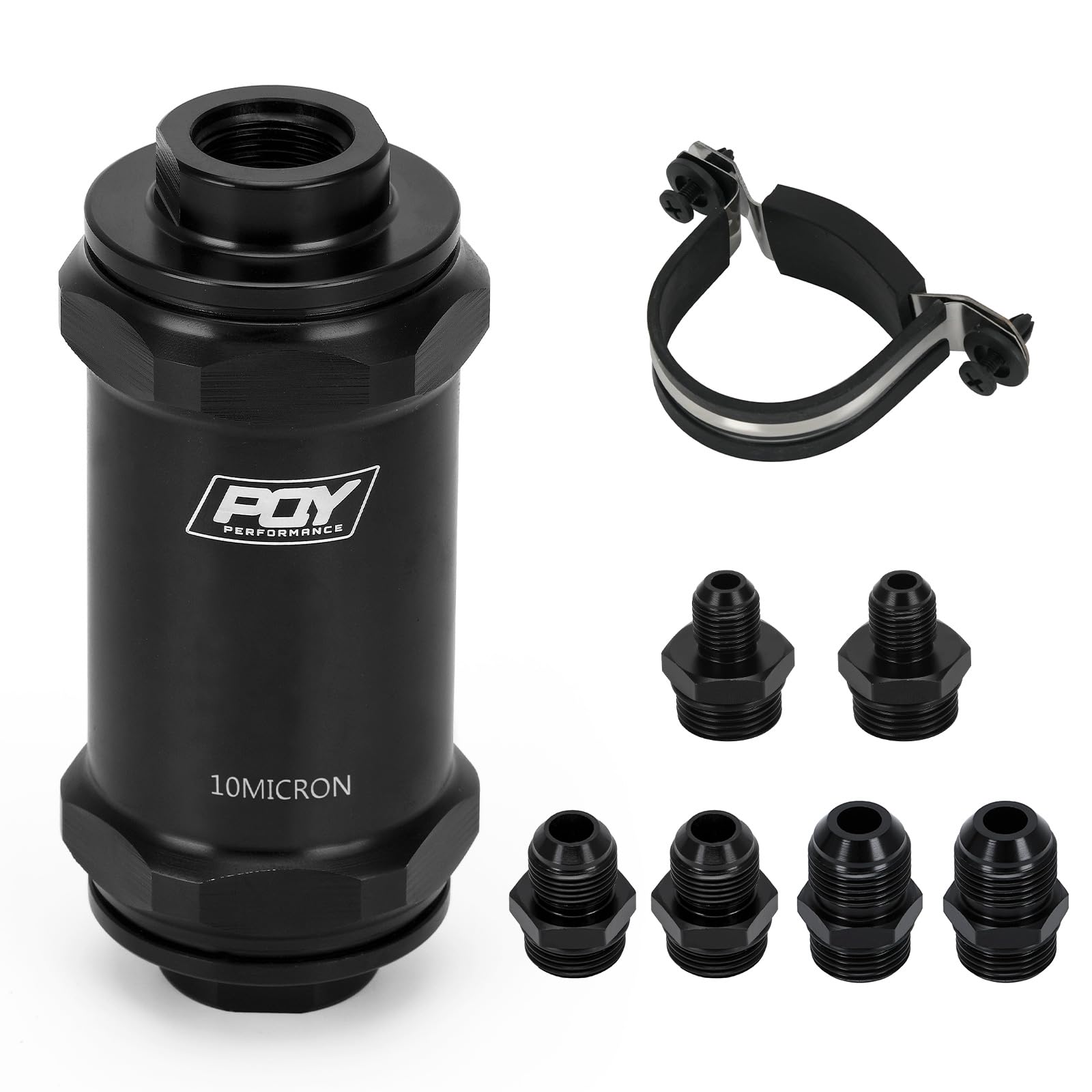 PQY front view of black inline fuel filter showing ports and finish, durable appearance