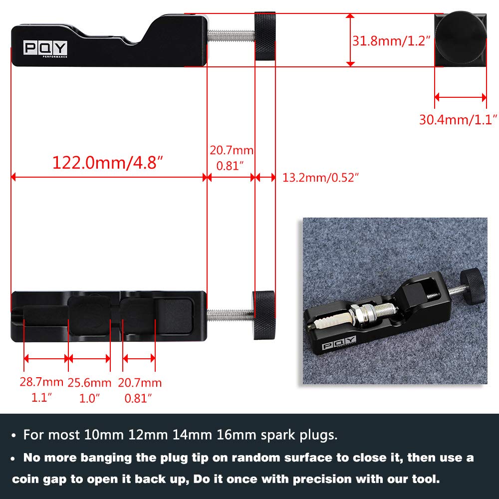 PQY tool holding a spark plug demonstrating secure grip for safe adjustments
