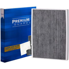 Premium Guard front view of cabin air filter showing overall shape and fit benefits