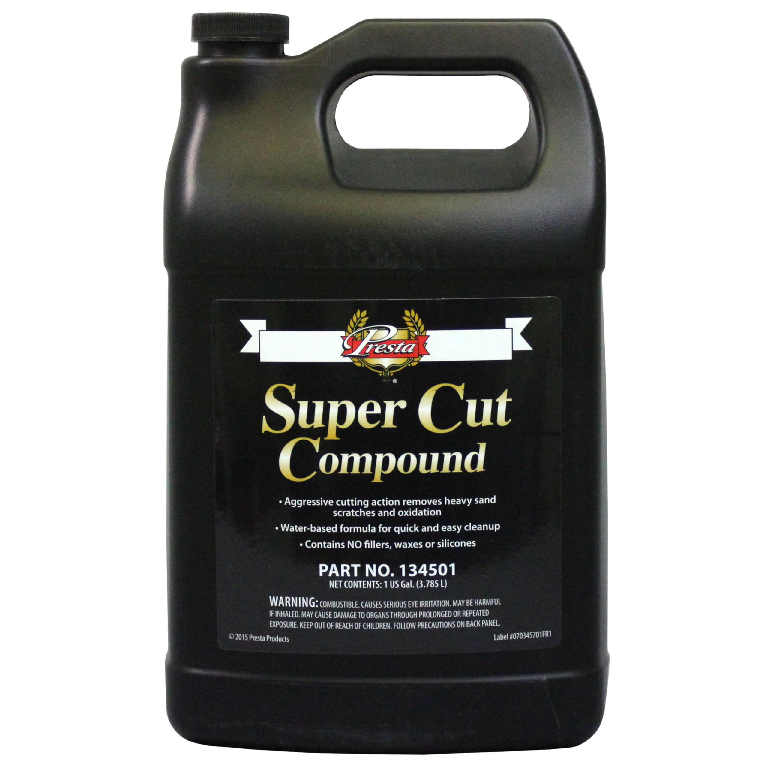 Presta Super Cut Compound gallon bottle front label showing product and benefit