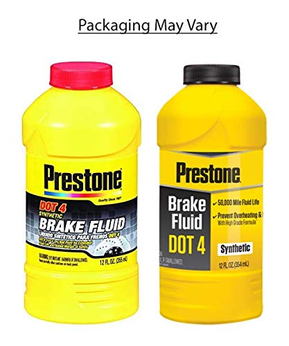 Prestone bottle closeup label displaying DOT 4 rating and high boiling point advantage