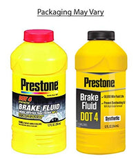 Prestone bottle closeup label displaying DOT 4 rating and high boiling point advantage