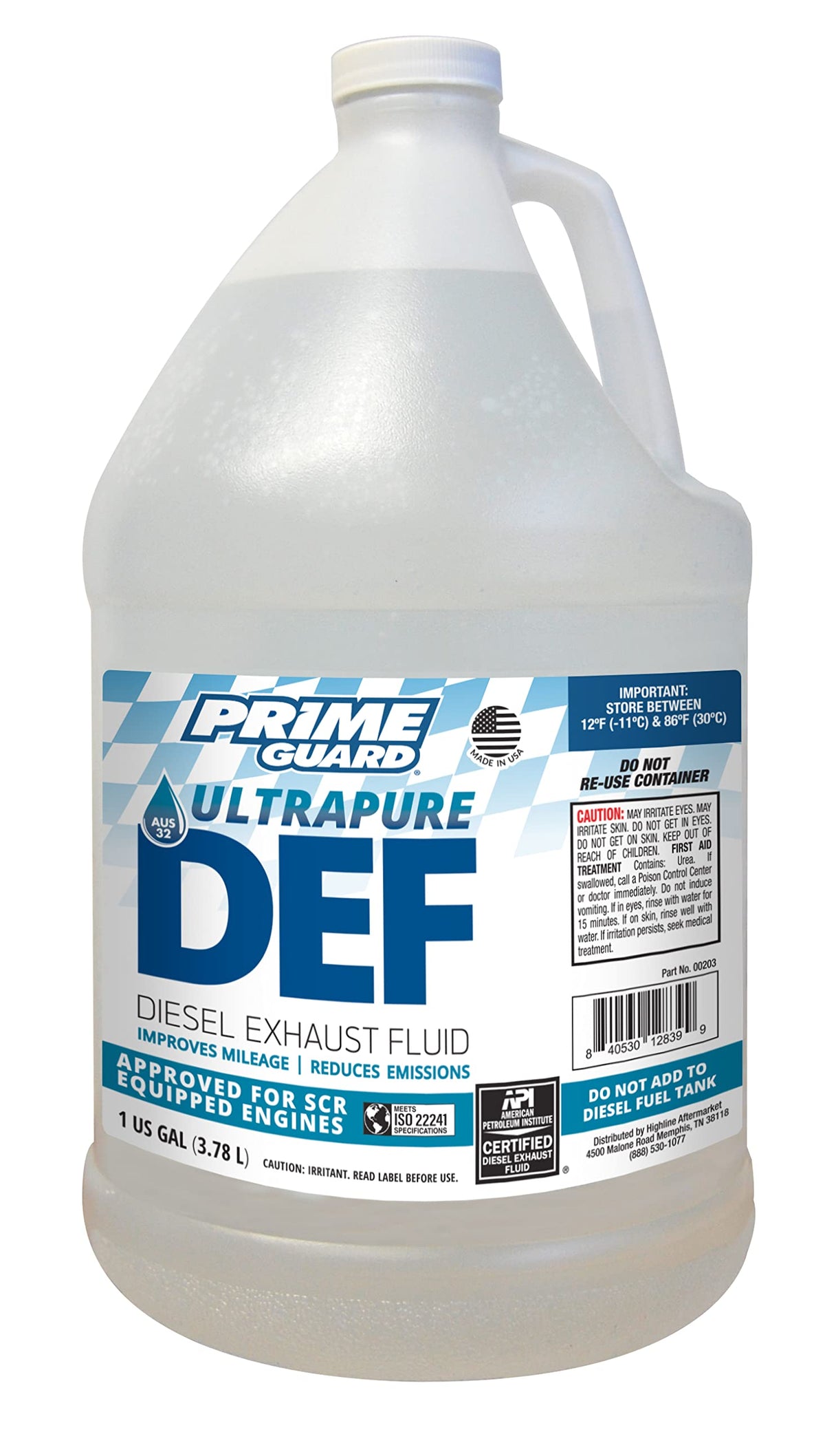 Prime Guard front label on 1-gallon DEF showing certification and clean pour benefit