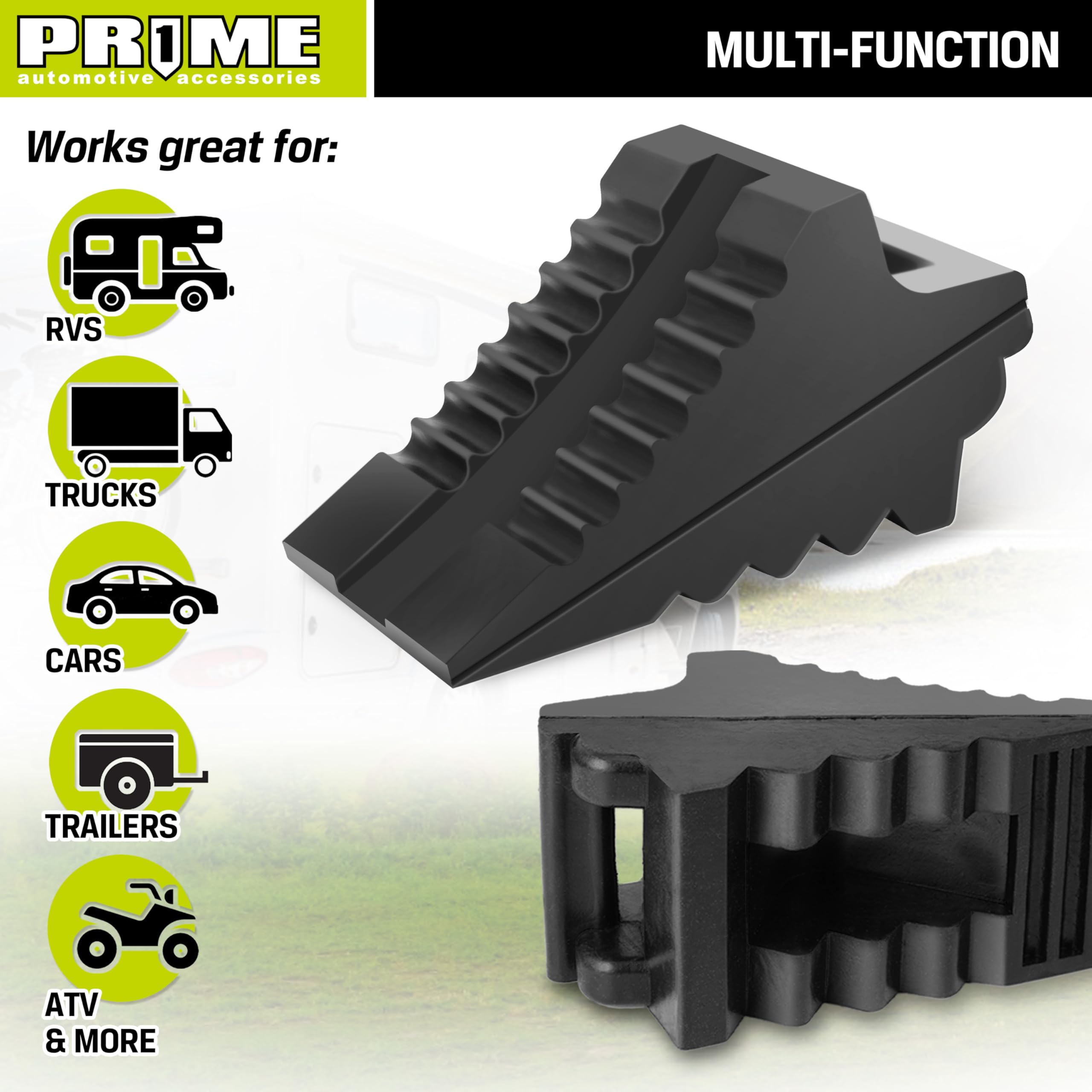Prime 1 chock placed against RV tire illustrating stable support during parking