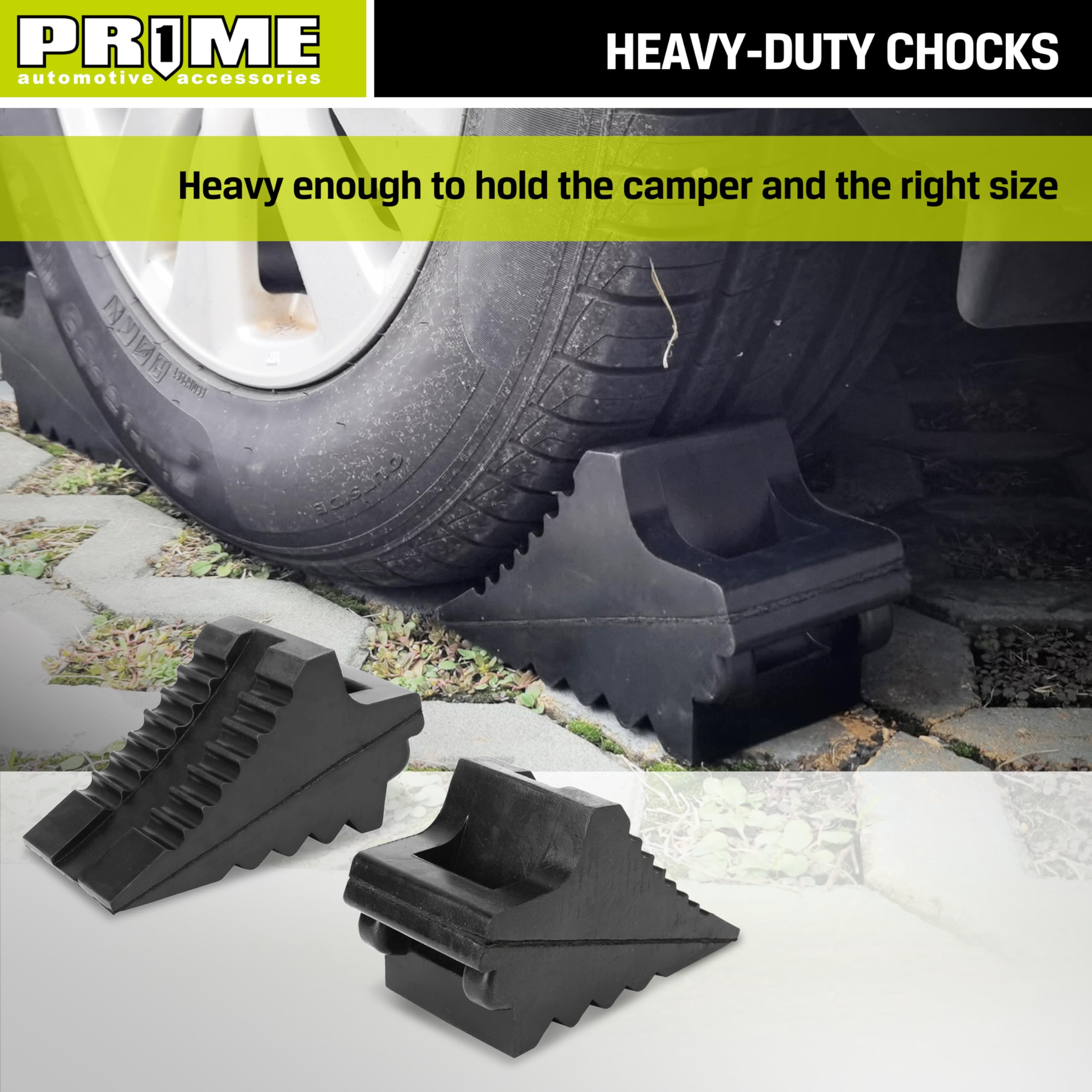 Prime 1 chock next to ruler showing 8.6 x 3.7 x 4.7 inch dimensions for scale