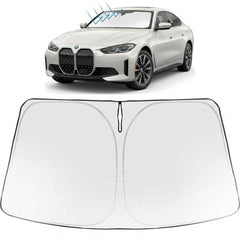 Proadsy front view of custom-fit BMW i4 shade showing full windshield coverage benefit