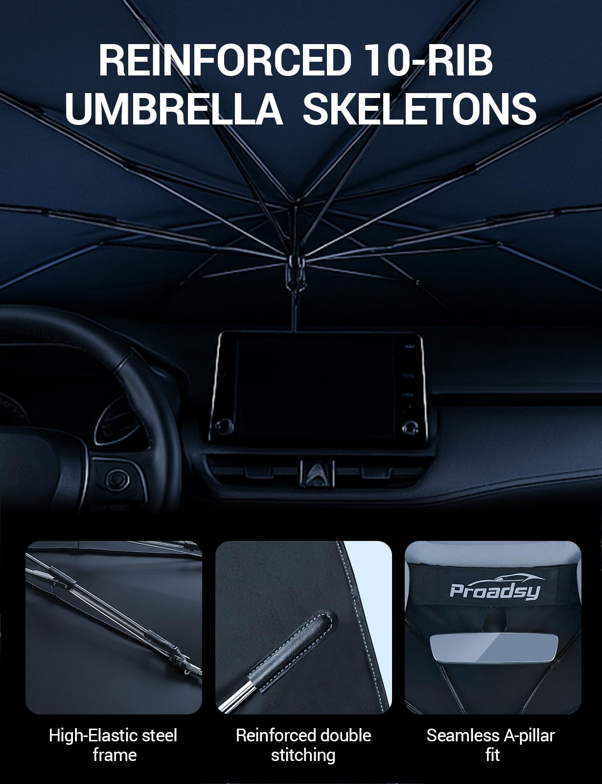Proadsy folded shade in storage bag fitting inside center console for neat storage