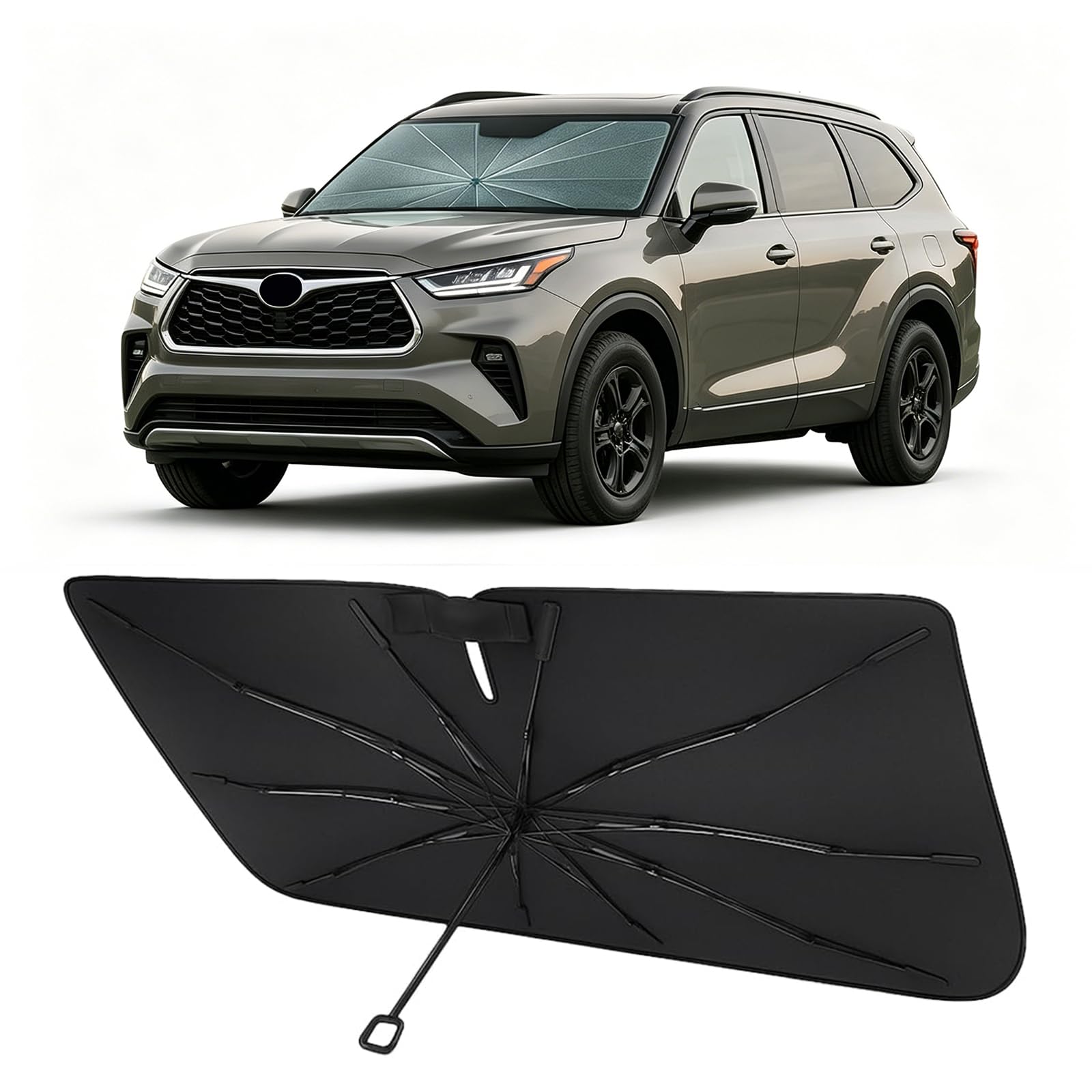 Proadsy installed front-full sunshade covering Highlander windshield for full protection