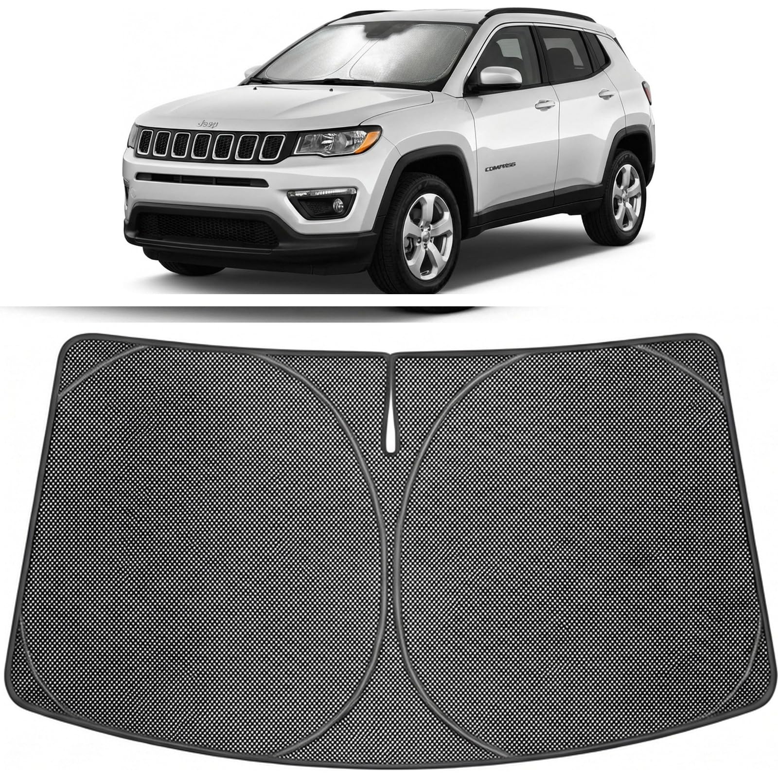 Proadsy front view on Jeep Compass showing full windshield coverage and heat reduction