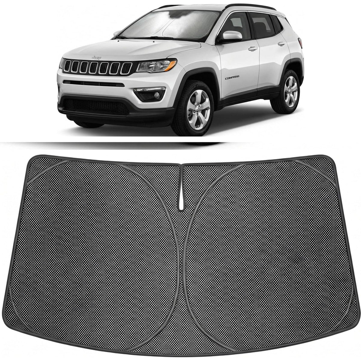 Proadsy front view on Jeep Compass showing full windshield coverage and heat reduction