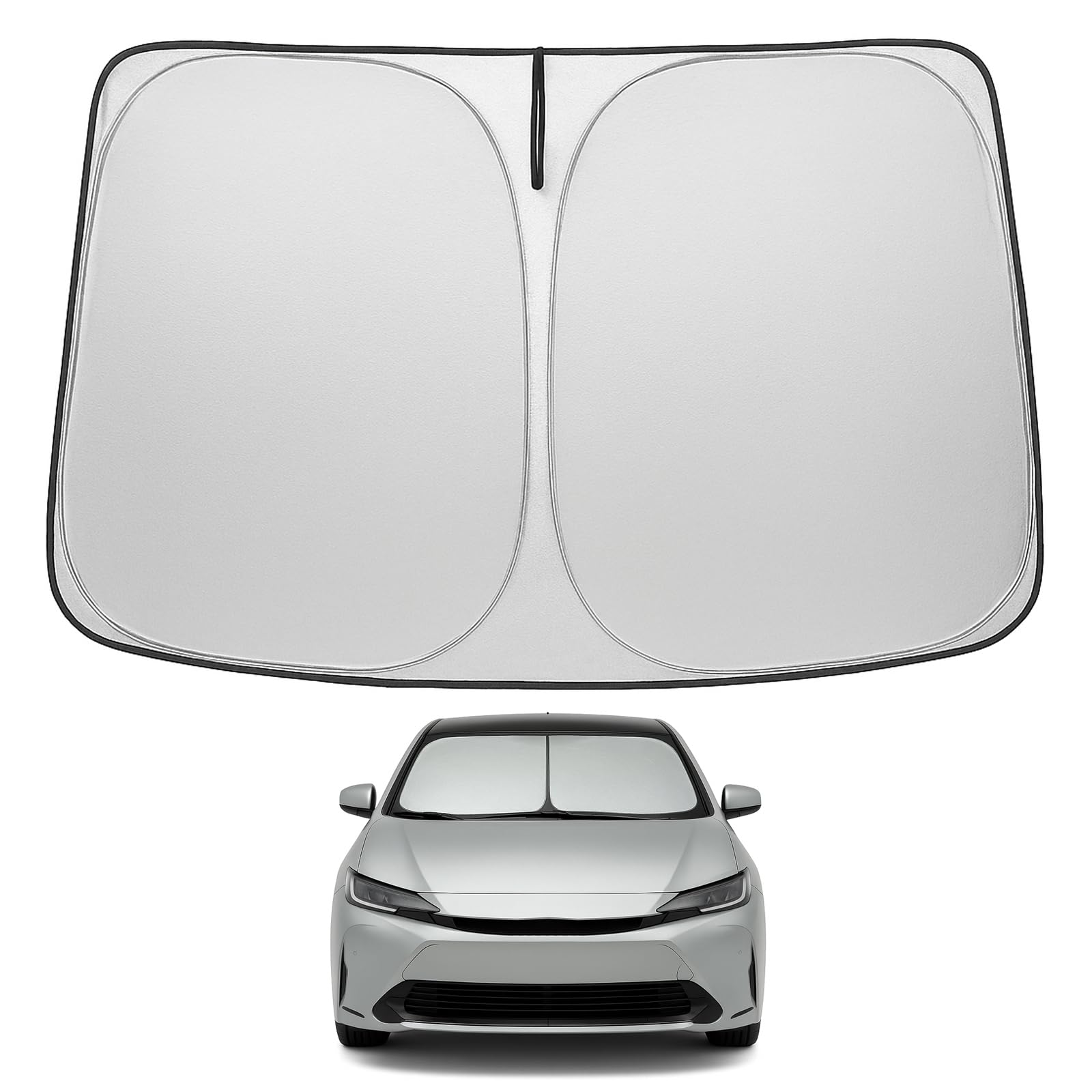 Proadsy front view of custom-fit Prius shade shows full windshield coverage benefit