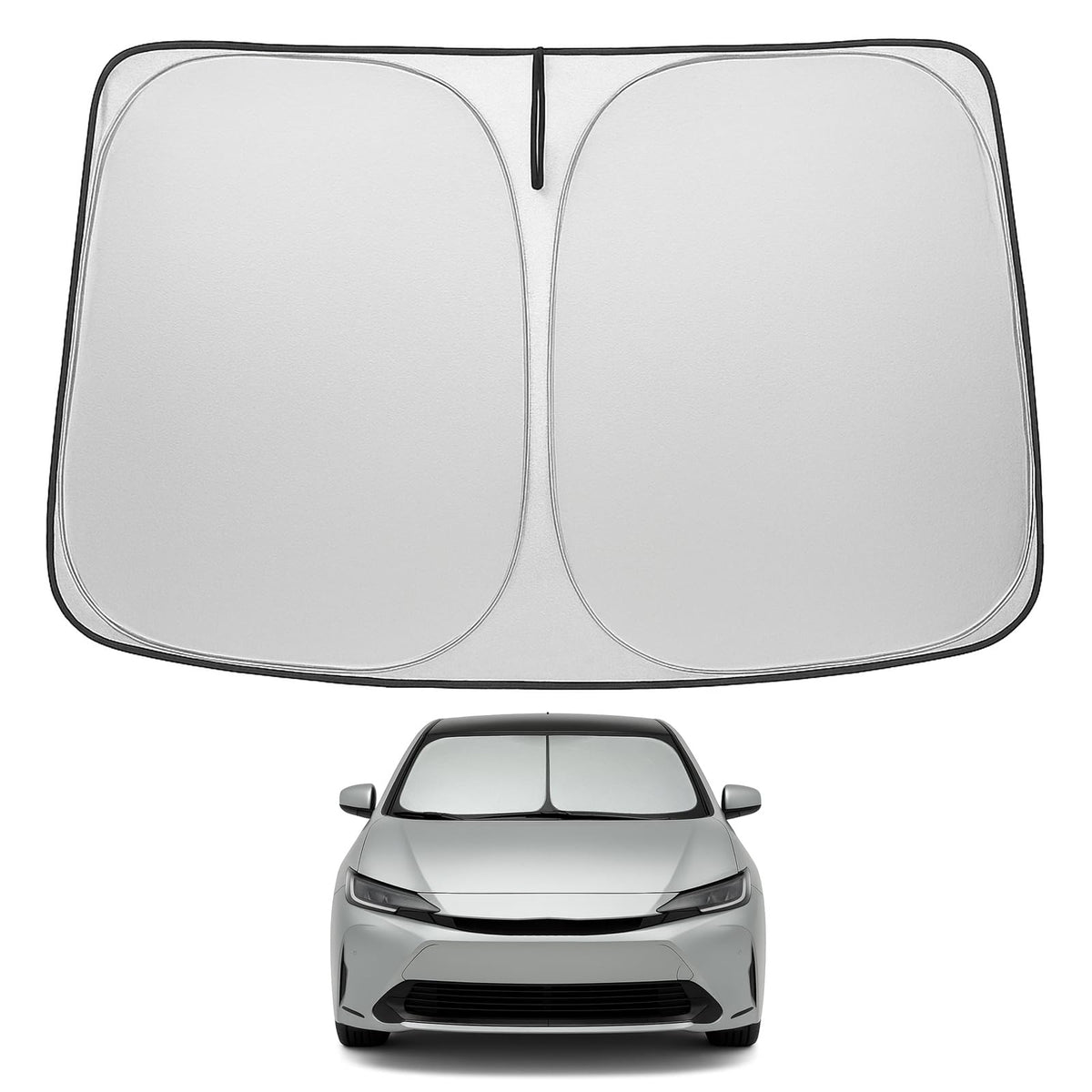 Proadsy front view of custom-fit Prius shade shows full windshield coverage benefit