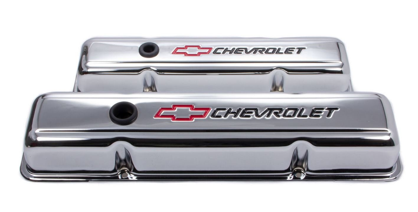 ProForm red chrome front view valve cover showing Chevy Bowtie logo and polished finish