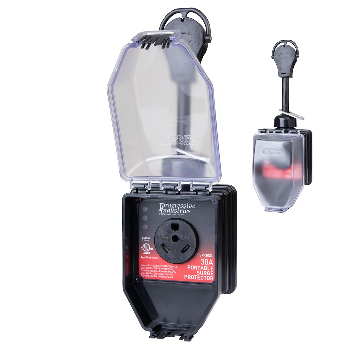 Progressive Industries SSP-30XL front view showing plug and handle for easy connection