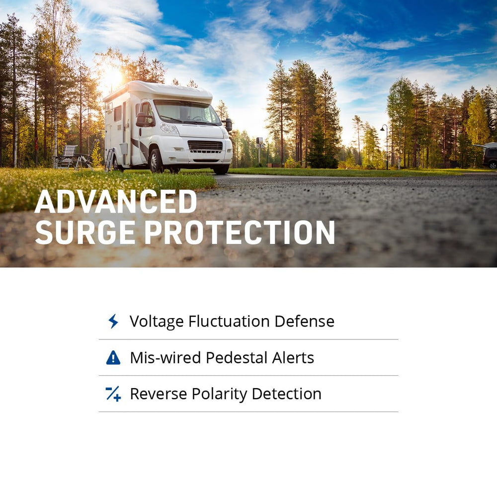 Progressive Industries SSP-30XL plugged into campground pedestal showing safe shore power use
