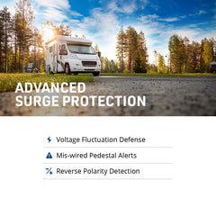 Progressive Industries SSP-30XL plugged into campground pedestal showing safe shore power use