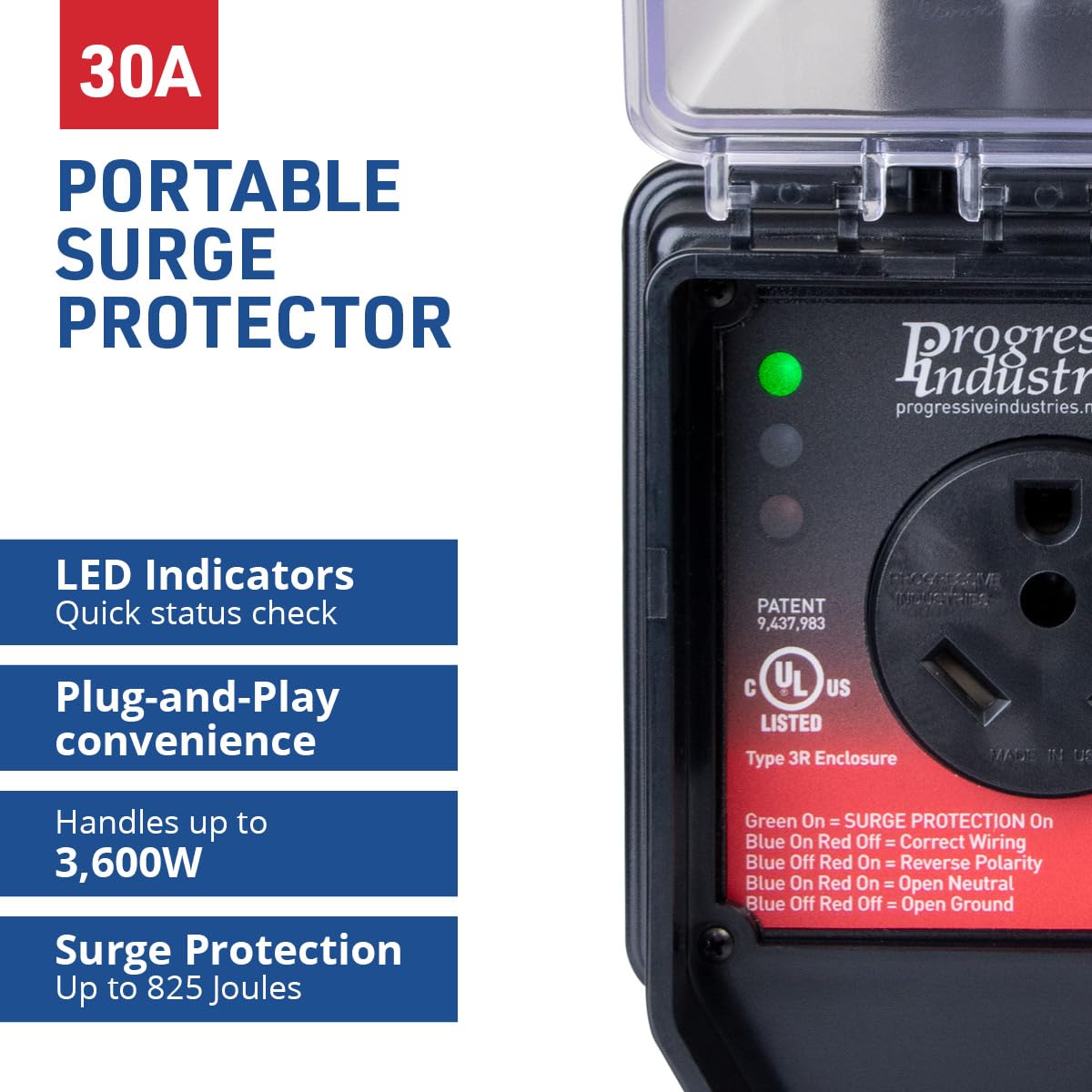 Progressive Industries SSP-30XL LED indicators closeup providing clear diagnostic feedback