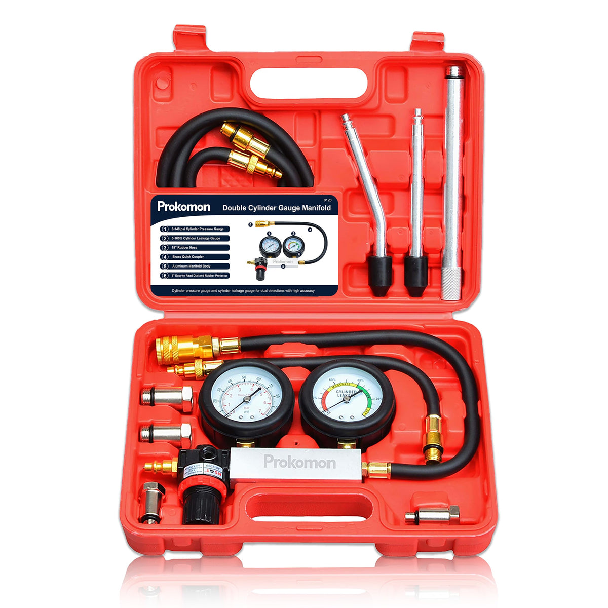 Prokomon front manifold gauge showing dual dials and regulator for precise diagnostics