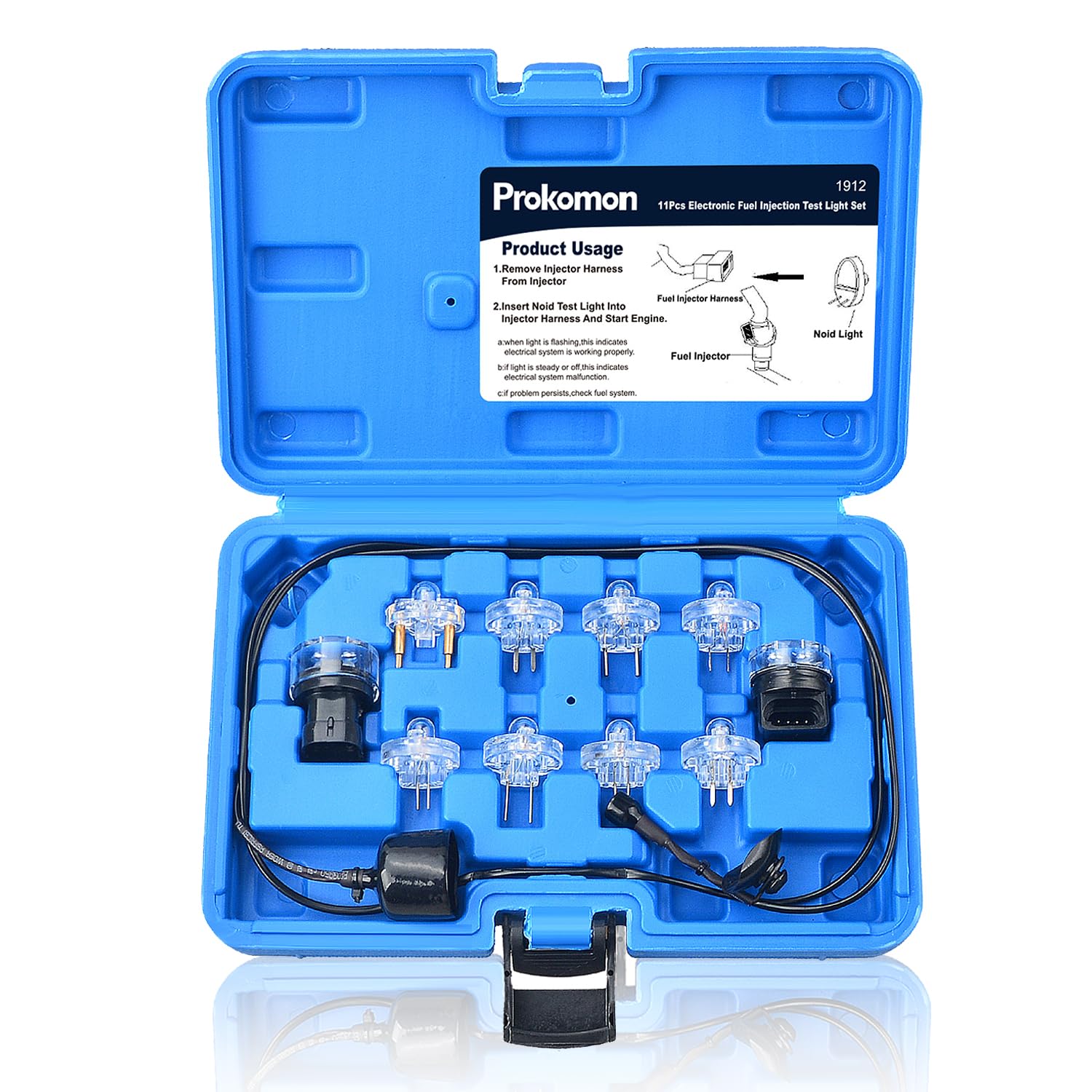Prokomon front packaging showing full noid light test kit and contents, clear identification benefit