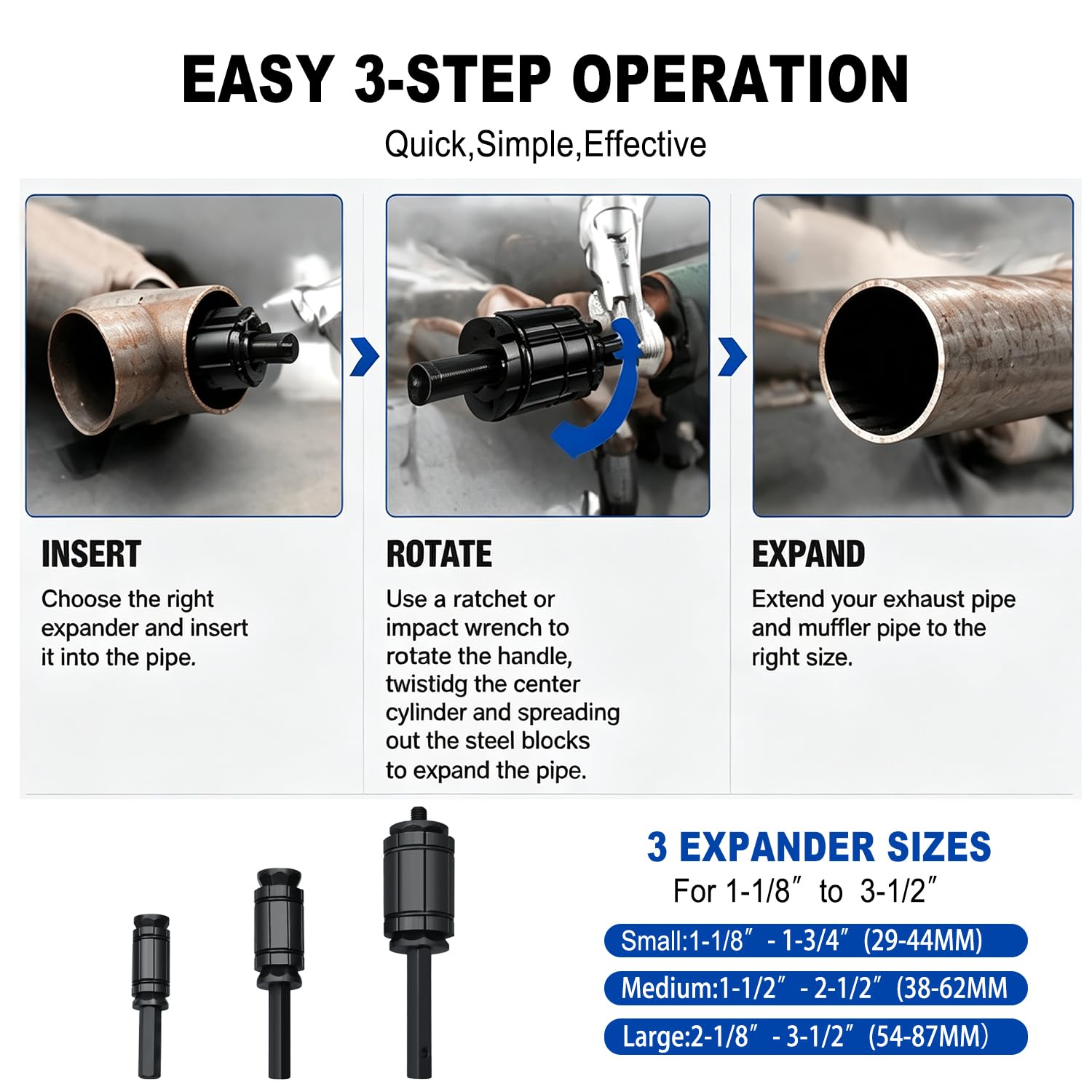 Prokomon expander inserted in tailpipe during repair, demonstrating easier connection fit
