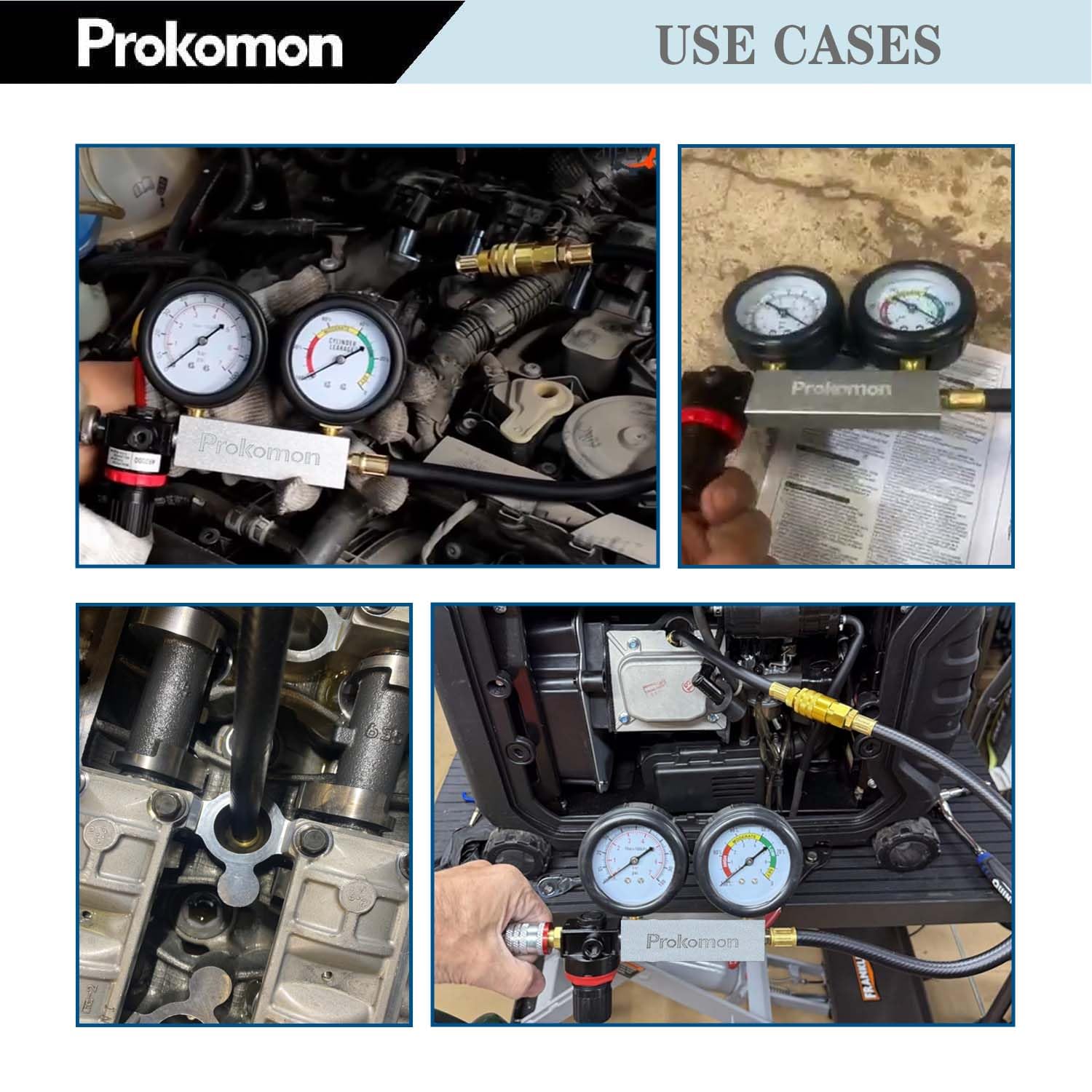 Prokomon kit in use on engine illustrating fast cylinder leak testing workflow