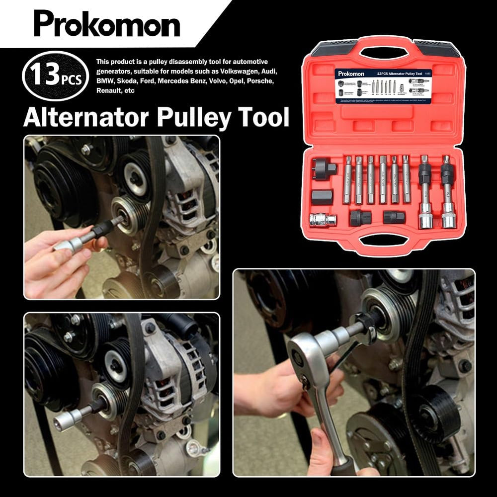 Prokomon alternator shaft holding tool detail showing secure grip and reduced slippage