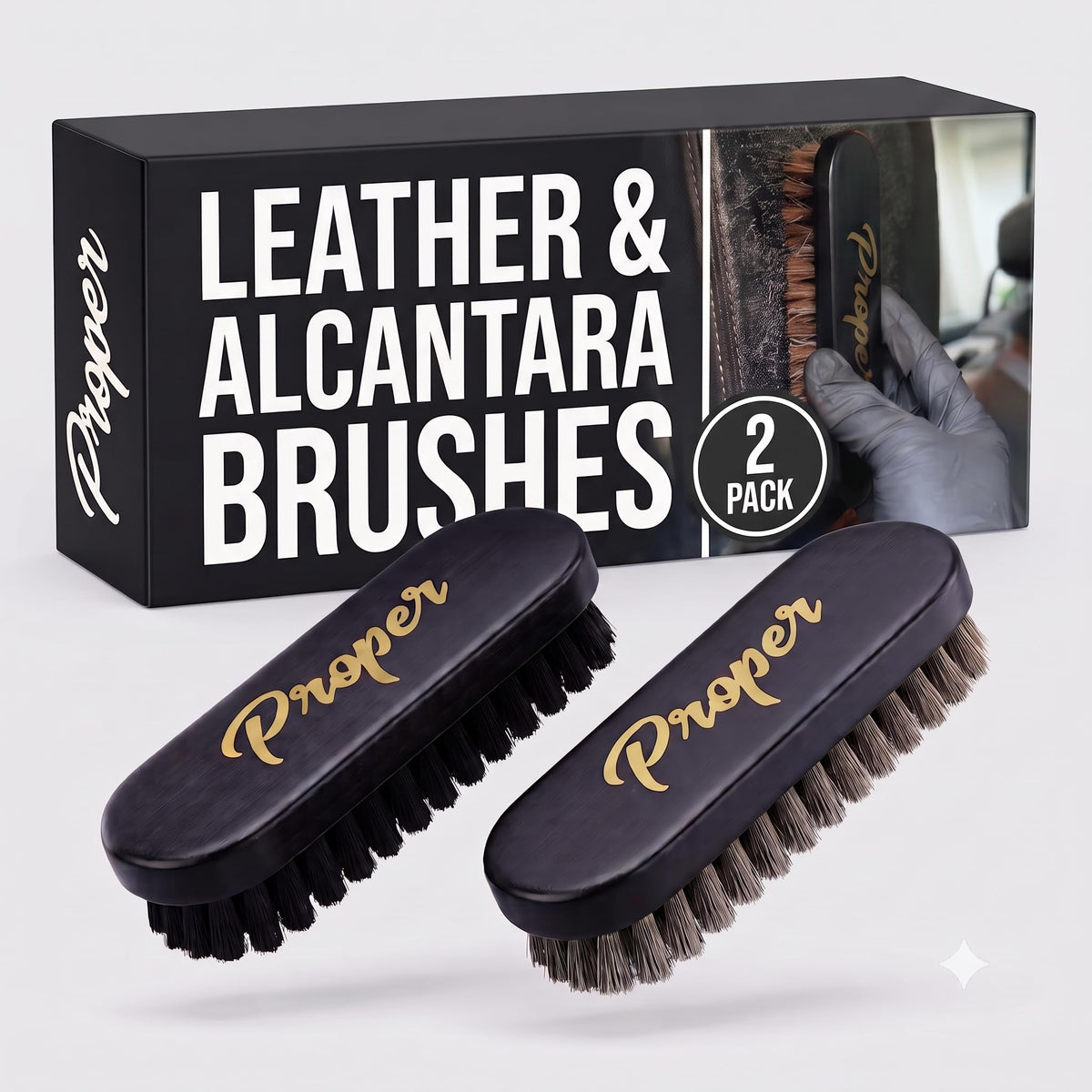 PROPER DETAILING CO. front packaging showing both brushes and benefits