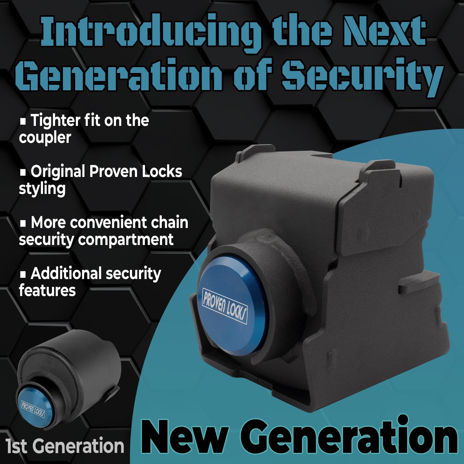 Proven Industries lock mounted on a 2 5/16-inch trailer coupler showing theft deterrence
